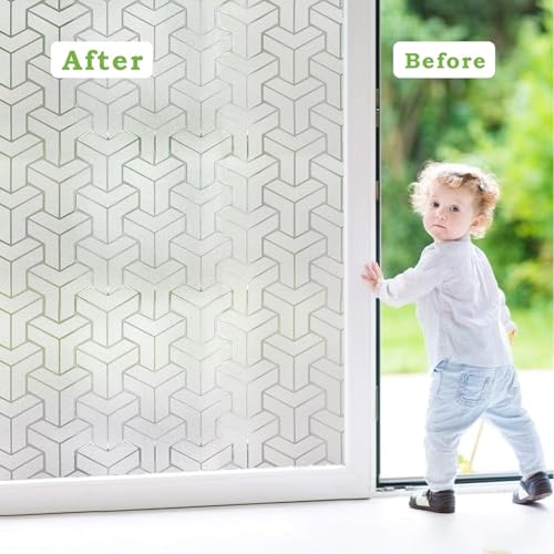 WISDOM StaticCling Frosted Glass Window Film, Bathroom Window Clings Removable Sun Blocking Vinyl Window Stickers for Door Home Office, Non Adhesive (24 by 96inches, Frosted T Cross Pattern) - Image 3