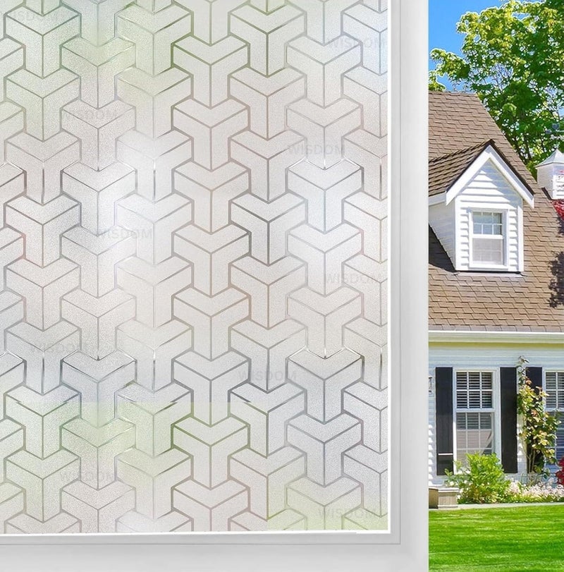 WISDOM StaticCling Frosted Glass Window Film, Bathroom Window Clings Removable Sun Blocking Vinyl Window Stickers for Door Home Office, Non Adhesive (24 by 96inches, Frosted T Cross Pattern) - Image 1