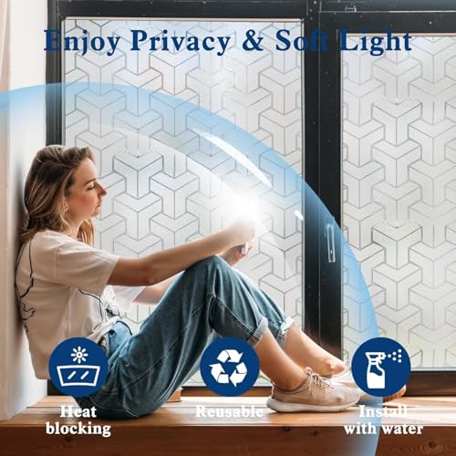 WISDOM StaticCling Frosted Glass Window Film, Bathroom Window Clings Removable Sun Blocking Vinyl Window Stickers for Door Home Office, Non Adhesive (24 by 96inches, Frosted T Cross Pattern) - Image 2