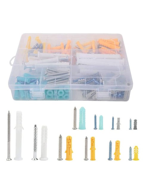 Self Tapping Screws and Ribbed Anchors Assortment Screws Kit, 200PCs Screws and Wall Plugs Set Screws Assortment Plastic Self Drilling Drywall Anchors Set for Hollow Wall Hanging or Blinds