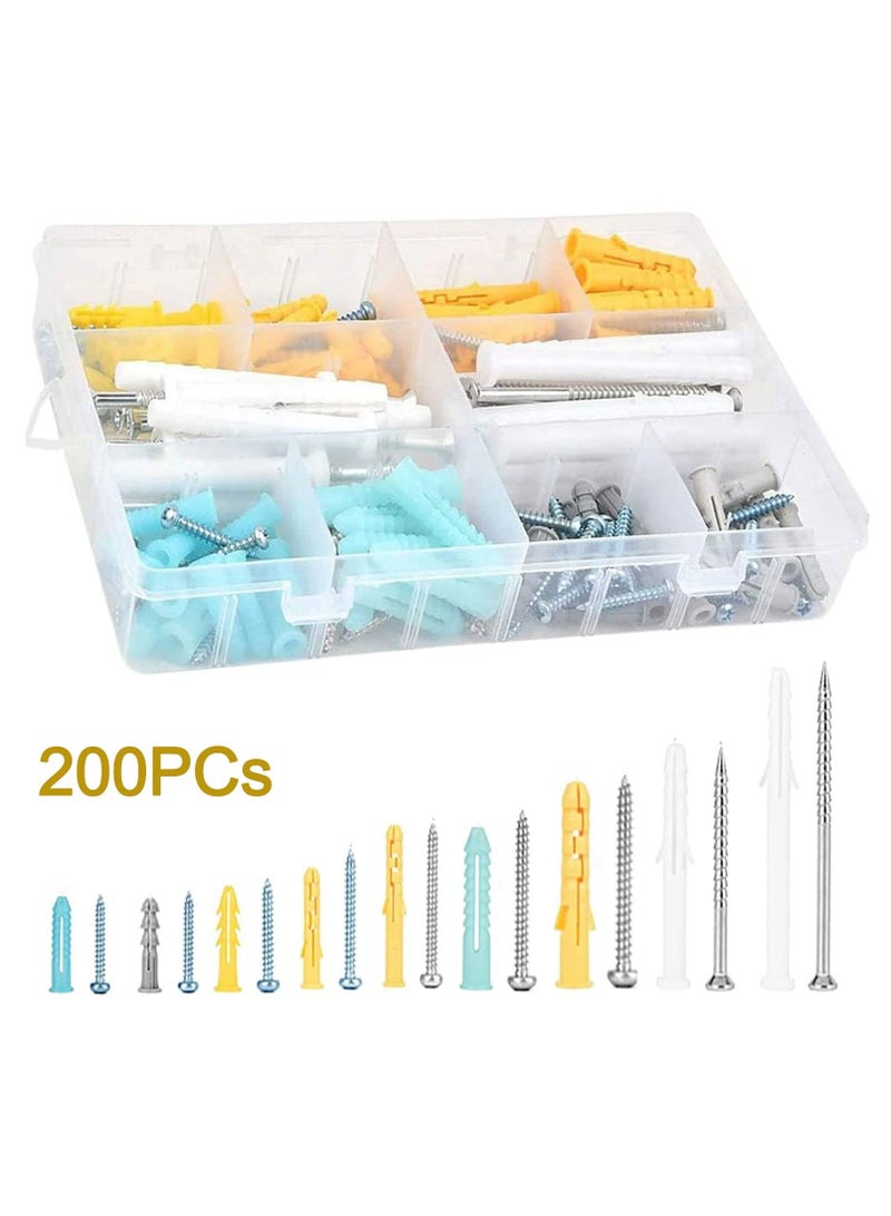 GNAFOTU Self Tapping Screws and Ribbed Anchors Assortment Screws Kit, 200PCs Screws and Wall Plugs Set Screws Assortment Plastic Self Drilling Drywall Anchors Set for Hollow Wall Hanging or Blinds - Image 2