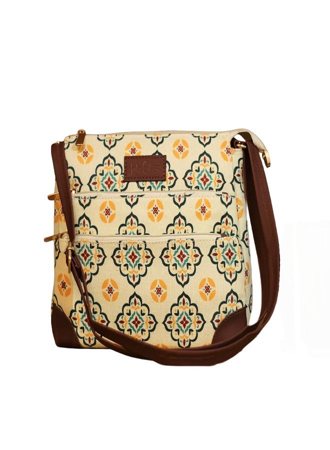Jute Cottage Sling Bag for Women Crossbody | Marrakesh Mosaic PanEdged Handbag with Multiple Zipper Pockets | Adjustable Strap | Jute Cotton Blend | 10” x 10” x 3” - Image 1