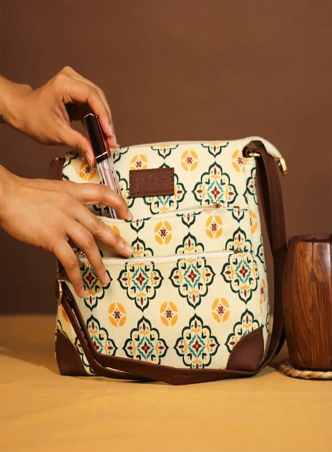 Jute Cottage Sling Bag for Women Crossbody | Marrakesh Mosaic PanEdged Handbag with Multiple Zipper Pockets | Adjustable Strap | Jute Cotton Blend | 10” x 10” x 3” - Image 4