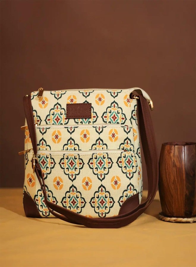 Jute Cottage Sling Bag for Women Crossbody | Marrakesh Mosaic PanEdged Handbag with Multiple Zipper Pockets | Adjustable Strap | Jute Cotton Blend | 10” x 10” x 3” - Image 2