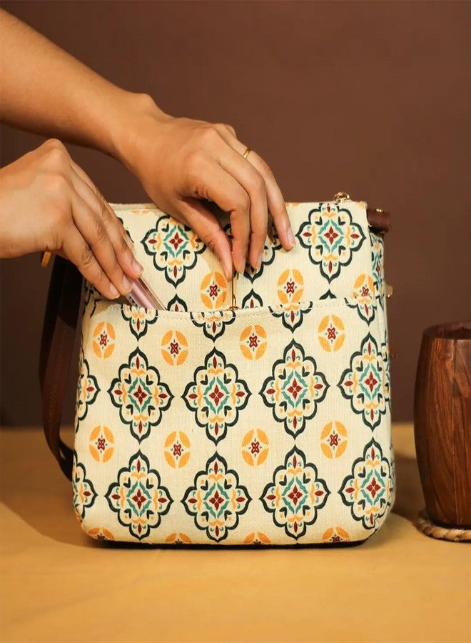 Jute Cottage Sling Bag for Women Crossbody | Marrakesh Mosaic PanEdged Handbag with Multiple Zipper Pockets | Adjustable Strap | Jute Cotton Blend | 10” x 10” x 3” - Image 3