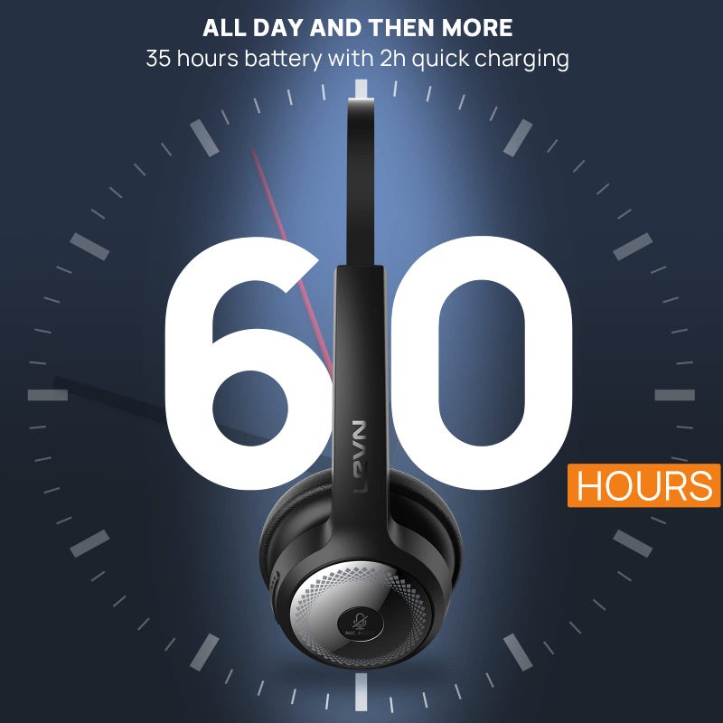 LEVN Bluetooth Headset, Wireless Headset with Microphone & Mute Button, 60Hrs Talk Time, On-Ear AI Noise Cancelling Headphones with Bluetooth 5.2 Multipoint for Trucker/Remote Work/Online Class/Zoom - Image 5