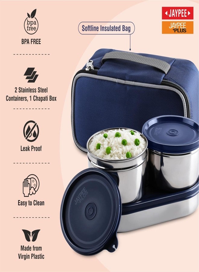 Jaypee Plus Basix Lunch Box for Office 1300 ml 3 Containers (1-450 ml, 2-400 ml) Air Tight Leakproof Stainless Steel Container with Bag | BPA Free | Easy to wash | Ideal for College & School, Blue - Image 2