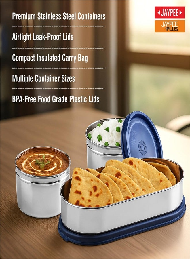 Jaypee Plus Basix Lunch Box for Office 1300 ml 3 Containers (1-450 ml, 2-400 ml) Air Tight Leakproof Stainless Steel Container with Bag | BPA Free | Easy to wash | Ideal for College & School, Blue - Image 5