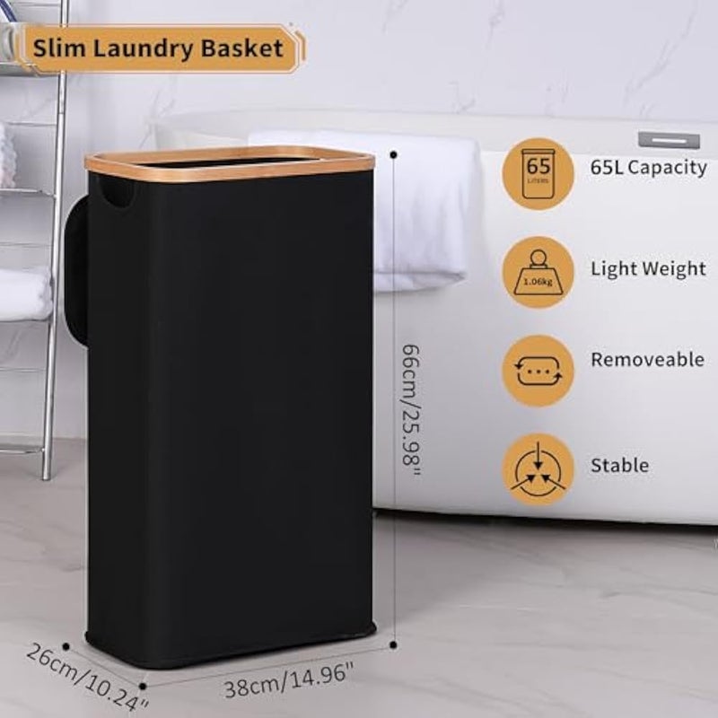 iEGrow Laundry Basket, 60L Washing Basket with Lid and Handle, Slim Foldable Laundry Hamper with Removable and Washable Inner Bag, Laundry Baskets for Bedroom Bathroom Laundry room (Black) - Image 3
