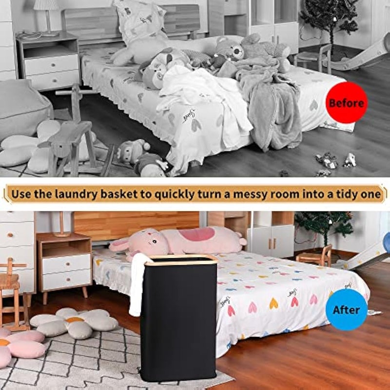 iEGrow Laundry Basket, 60L Washing Basket with Lid and Handle, Slim Foldable Laundry Hamper with Removable and Washable Inner Bag, Laundry Baskets for Bedroom Bathroom Laundry room (Black) - Image 2