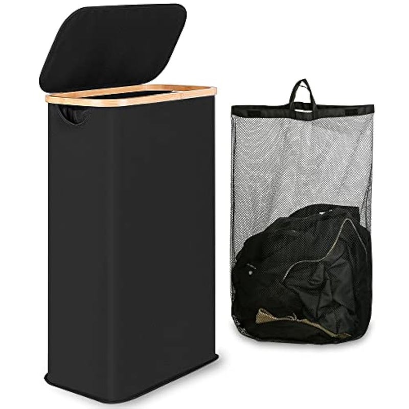 iEGrow Laundry Basket, 60L Washing Basket with Lid and Handle, Slim Foldable Laundry Hamper with Removable and Washable Inner Bag, Laundry Baskets for Bedroom Bathroom Laundry room (Black) - Image 1