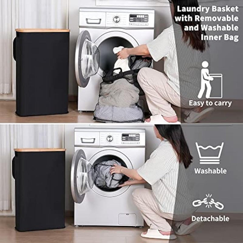 iEGrow Laundry Basket, 60L Washing Basket with Lid and Handle, Slim Foldable Laundry Hamper with Removable and Washable Inner Bag, Laundry Baskets for Bedroom Bathroom Laundry room (Black) - Image 4