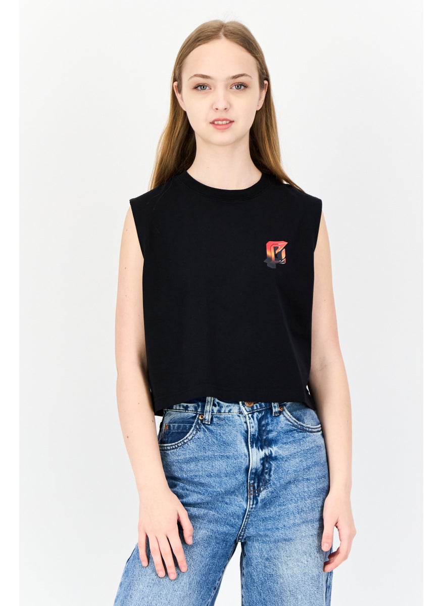 ESPRIT Women Crew Neck Graphic Print Tank Tops, Black  - Image 1