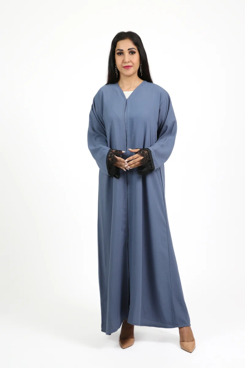 Nikias Nikias Blue Crepe Abaya with Full Buttons & Lace Sleeves