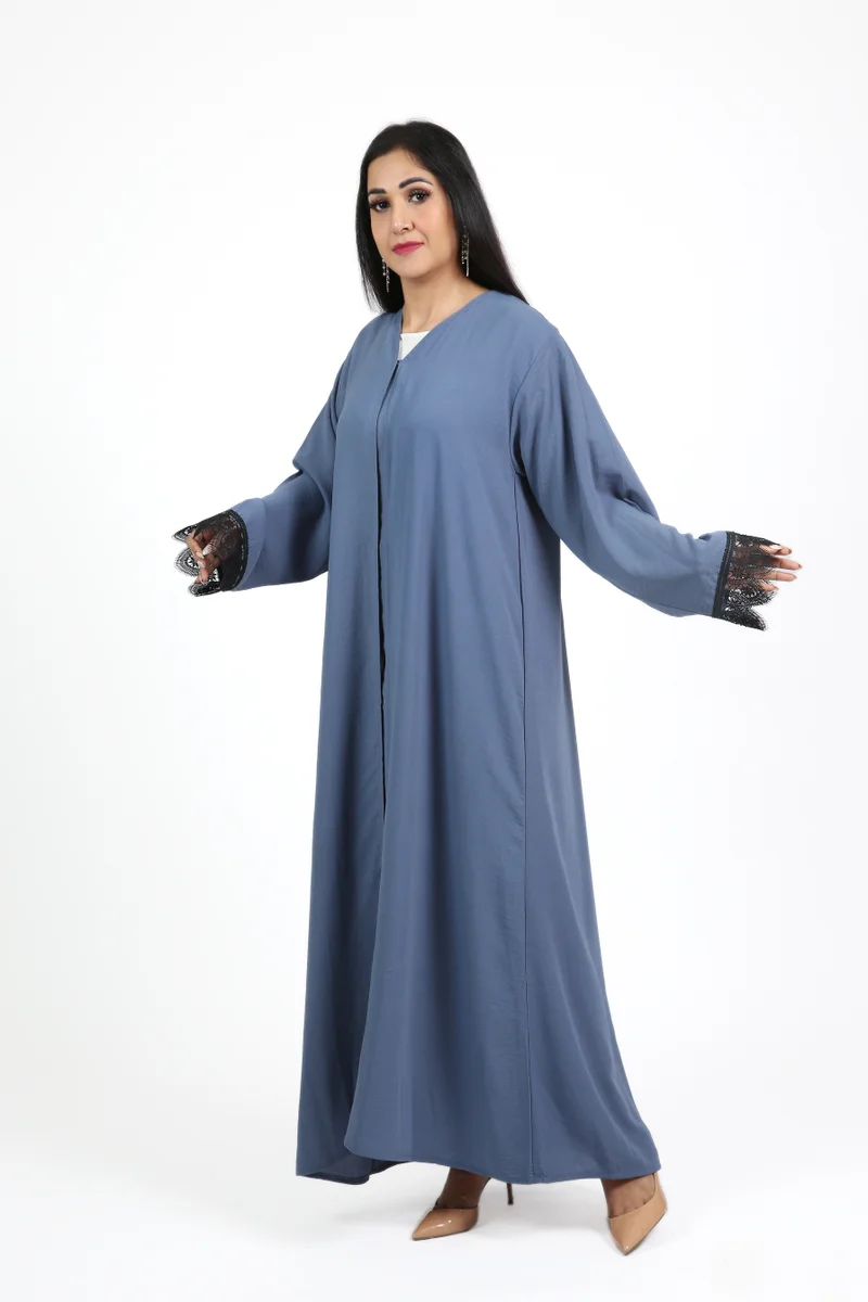 Nikias Nikias Blue Crepe Abaya with Full Buttons & Lace Sleeves