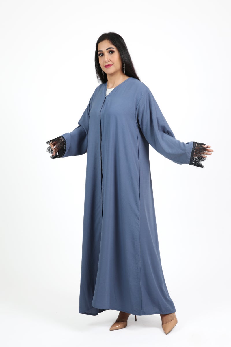 Nikias Blue Crepe Abaya with Full Buttons & Lace Sleeves - Image 2