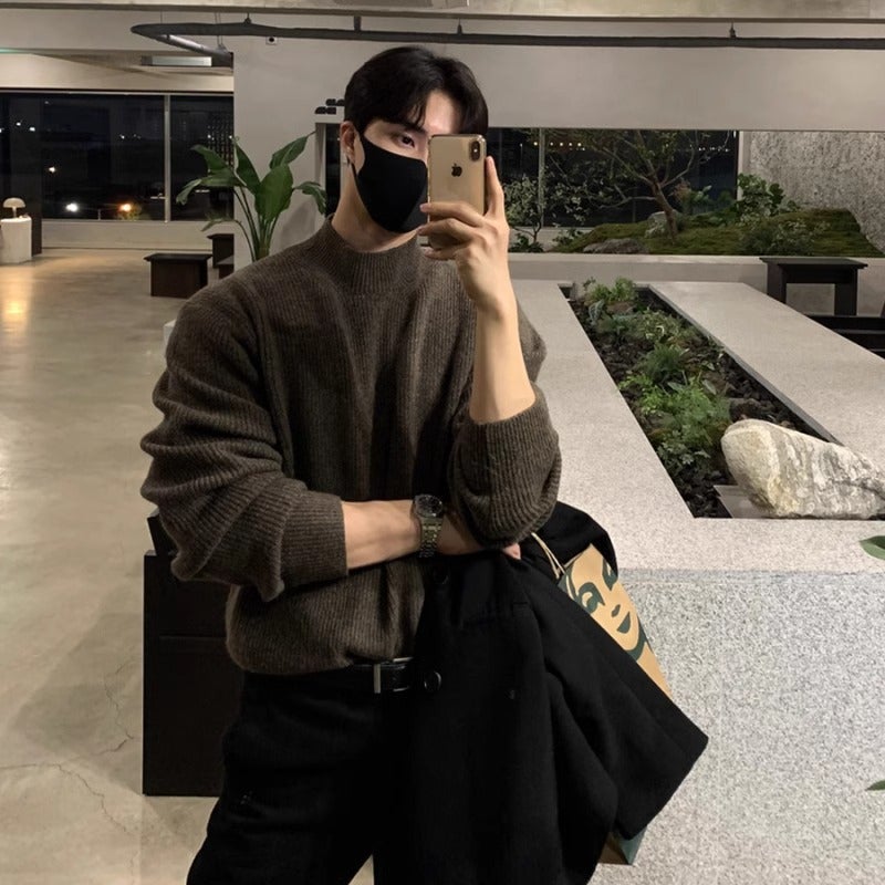 Mens Half Polo/Turtle Neck Sweater Winter Casual Style Korean Knitted Top Autumn/Winter Trendy High-End Feel Jacket Brown  - Image 1