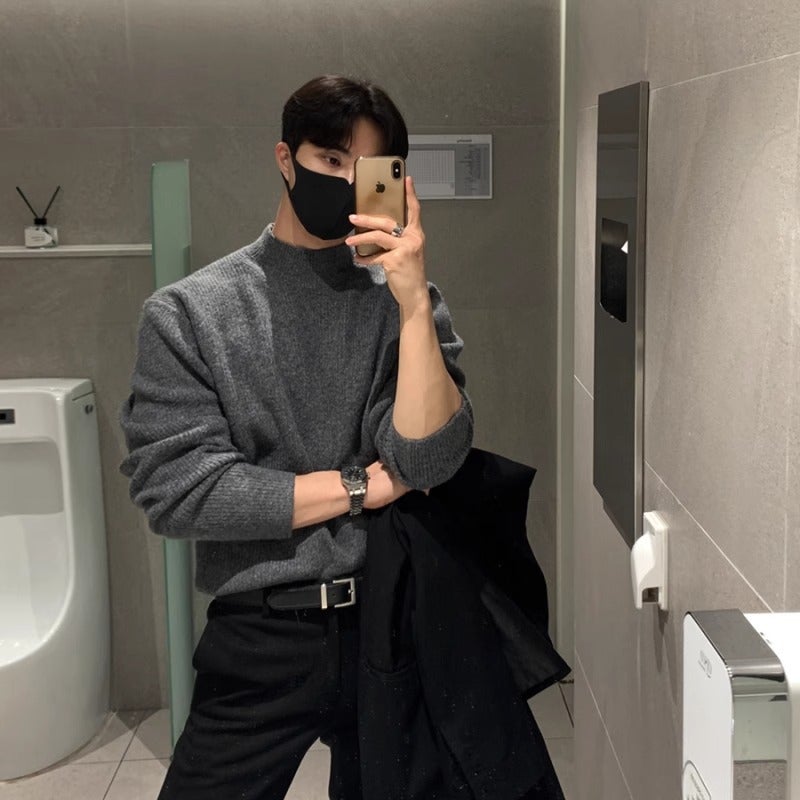 Mens Half Polo/Turtle Neck Sweater Winter Casual Style Korean Knitted Top Autumn/Winter Trendy High-End Feel Jacket Brown  - Image 2