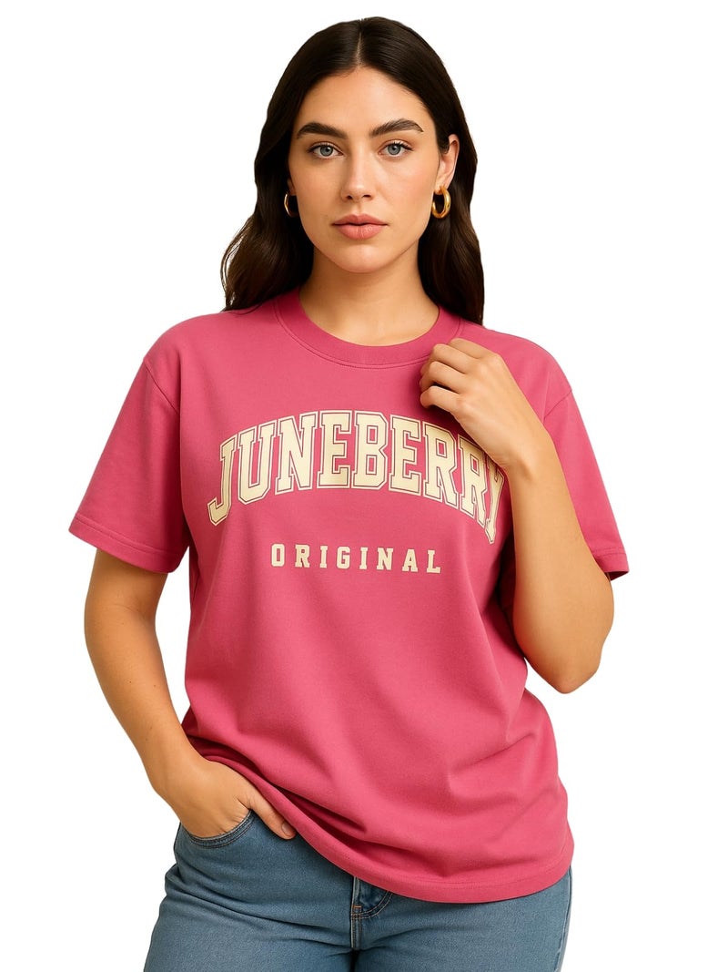 JUNEBERRY® 100% Pure Cotton Oversized Drop Shoulders Brand Logo Typography Print Round-Neck Relaxed Fit Pink T-Shirt for Women (JB_OS_100_JBORGNL_PNK74_XL) - Image 1
