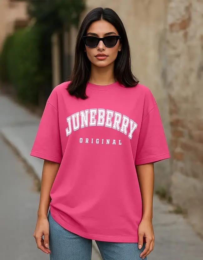 JUNEBERRY® 100% Pure Cotton Oversized Drop Shoulders Brand Logo Typography Print Round-Neck Relaxed Fit Pink T-Shirt for Women (JB_OS_100_JBORGNL_PNK74_XL) - Image 2