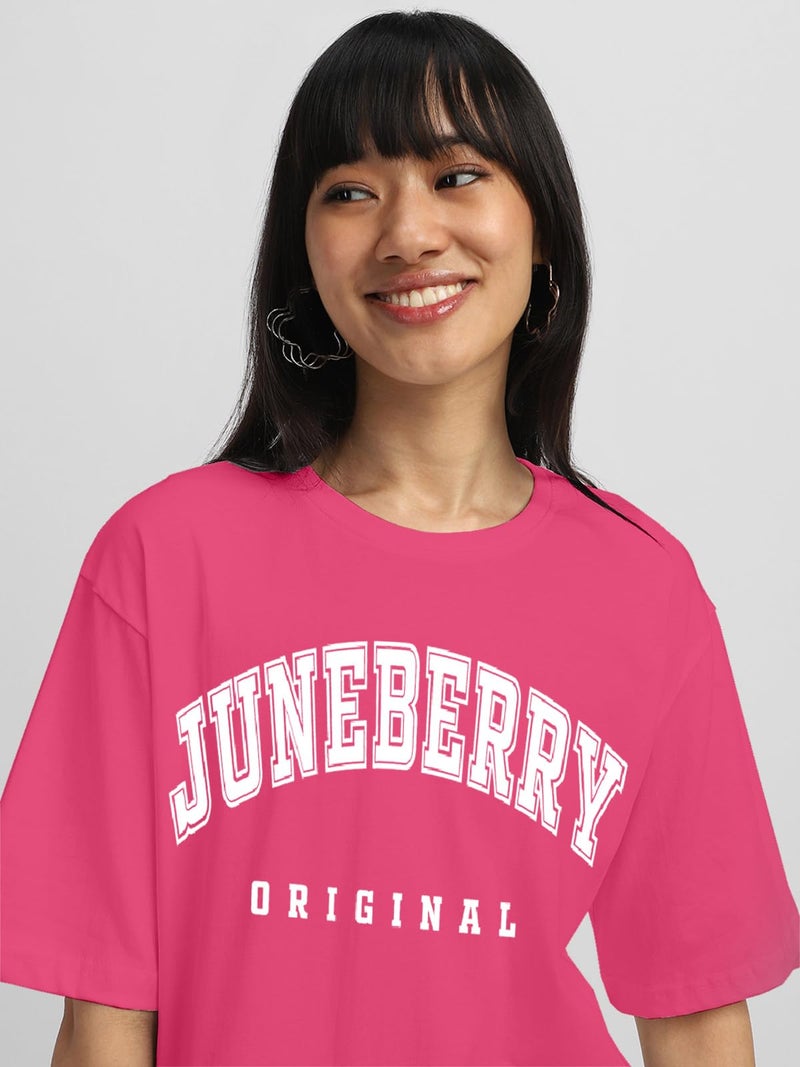 JUNEBERRY® 100% Pure Cotton Oversized Drop Shoulders Brand Logo Typography Print Round-Neck Relaxed Fit Pink T-Shirt for Women (JB_OS_100_JBORGNL_PNK74_XL) - Image 3