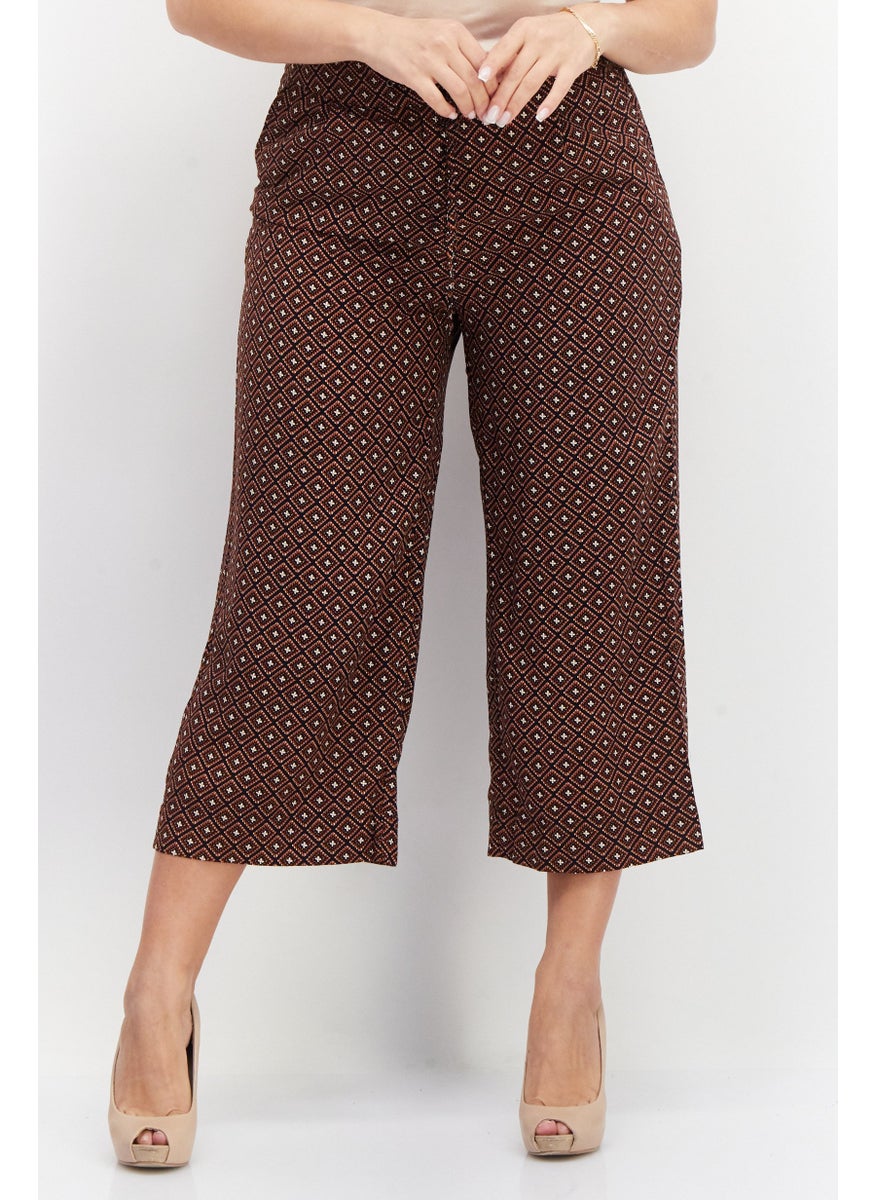 Zero Women Wide Leg All Over Print Palazzo Pant, Brown Combo  - Image 1