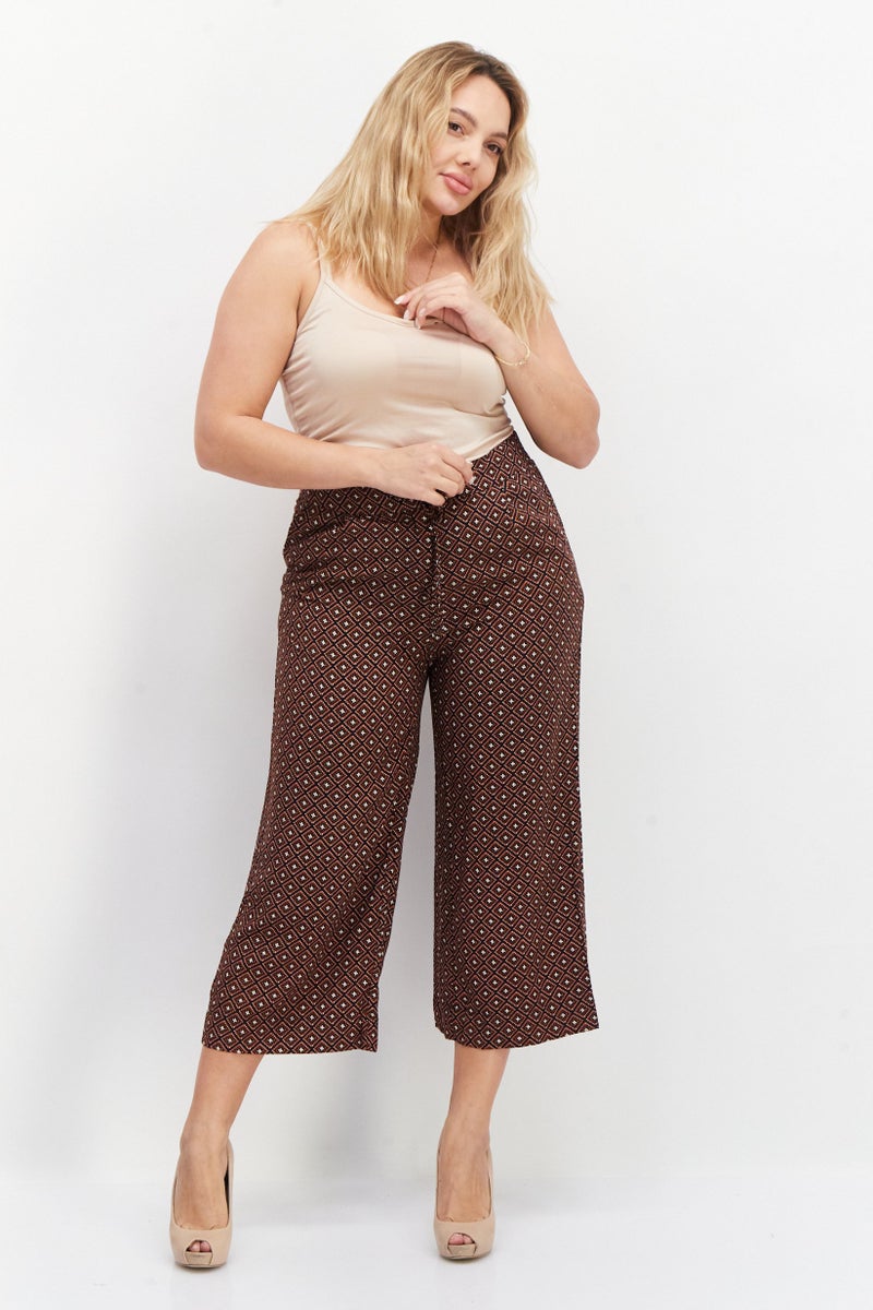 Zero Women Wide Leg All Over Print Palazzo Pant, Brown Combo - Image 2