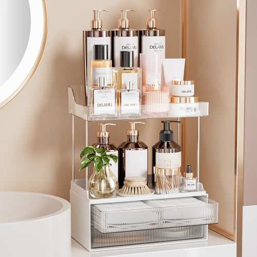 Delamu Bathroom Organizers and Storage, 2 Tier 2 Drawer Makeup Organizer Countertop, Easy to Install, Ideal for Bathroom Counter, Vanity, Large Skincare, Perfume, Present, Desk and More, Clear - Image 1