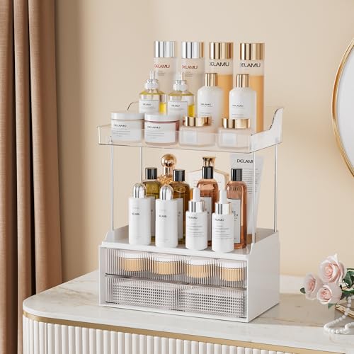 Delamu Bathroom Organizers and Storage, 2 Tier 2 Drawer Makeup Organizer Countertop, Easy to Install, Ideal for Bathroom Counter, Vanity, Large Skincare, Perfume, Present, Desk and More, Clear - Image 2