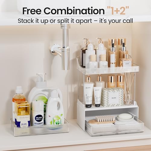 Delamu Bathroom Organizers and Storage, 2 Tier 2 Drawer Makeup Organizer Countertop, Easy to Install, Ideal for Bathroom Counter, Vanity, Large Skincare, Perfume, Present, Desk and More, Clear - Image 4