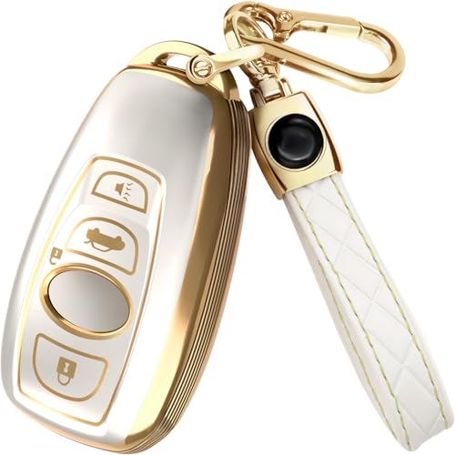 Lucrum Compatible with Subaru Key Fob Cover & Keychain, TPU Keyfob Case for Outback Crosstrek Forester Impreza Legacy STI WRX (2016-2025) - White and Gold - Image 1