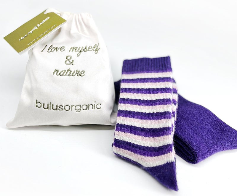 Buluş Organic 2-Pack Children's Purple-Striped Winter Thick Organic Wool Ankle Socks - Image 1