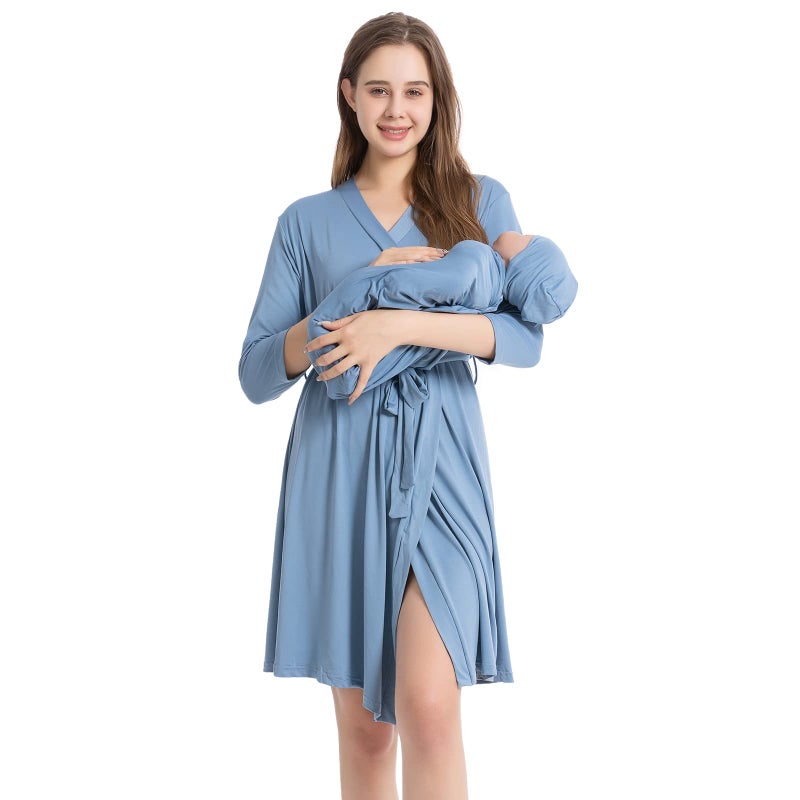 Galabloomer Maternity Robe and Baby Receiving Blanket, Matching Mommy Labor Delivery Robe and Swaddle Set Denim blue - Image 1