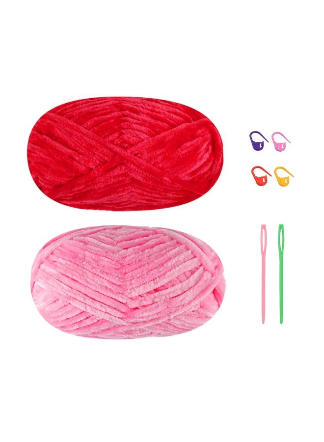 SUNSAR 2 PCS 200g Soft Chenille Velvet Yarn for Crocheting and Knitting, Warm Yarn for Blanket, Hat, Scarf, Gloves, Slippers, Doll (Pink+Red) - Image 1