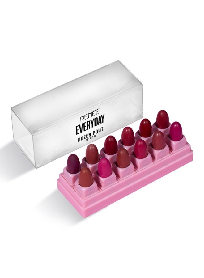 رينيه أحمر شفاه رينيه إيفريداي دوزن ميني | ملمس كريمي، لمسة نهائية مطفية، طويل الأمد | مع زبدة الشيا، زيت اللوز وفيتامين هـ | يرطب ويليّن الشفاه | مناسب للسفر، مجموعة من 12 | 14.4 غ - Image 1
