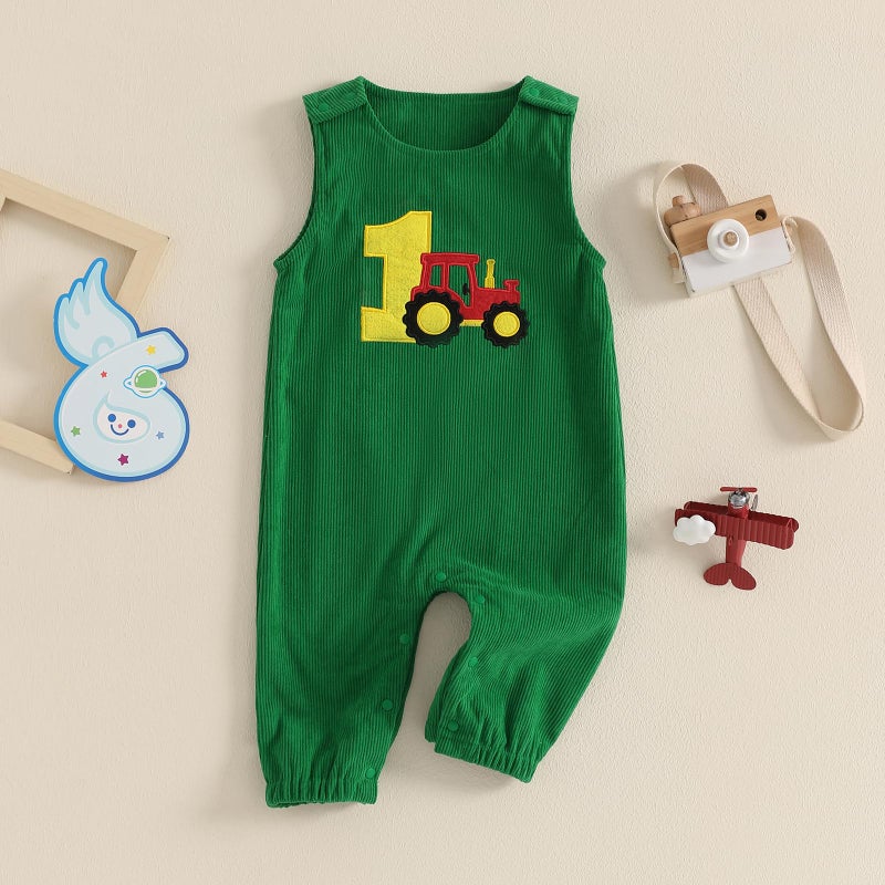 Lamuusaa Toddler Baby Boy Birthday Outfit Sleeveless One Embroidery Birthday Romper Corduroy Jumspuit Cake Smash Outfits (Dark Green, 12-18 Months) - Image 2