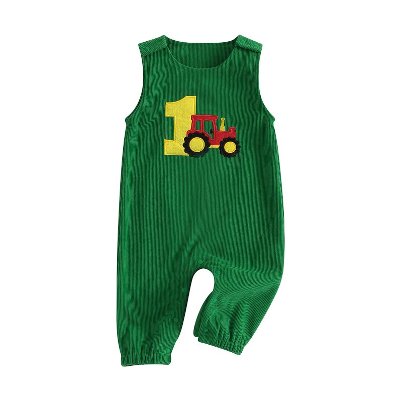 Lamuusaa Toddler Baby Boy Birthday Outfit Sleeveless One Embroidery Birthday Romper Corduroy Jumspuit Cake Smash Outfits (Dark Green, 12-18 Months) - Image 1