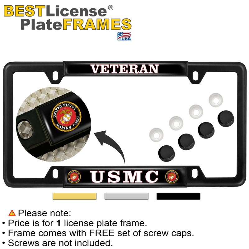 BestLicensePlateFrames [Officially Licensed US Marine Corps Product] - USMC Veteran - Domed Custom-Made Personalized Narrow (Thin) Top 4 Hole Metal Car License Plate Frame with Free caps - Black Frame (Qty: 1) - Image 2