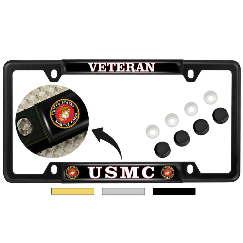 BestLicensePlateFrames [Officially Licensed US Marine Corps Product] - USMC Veteran - Domed Custom-Made Personalized Narrow (Thin) Top 4 Hole Metal Car License Plate Frame with Free caps - Black Frame (Qty: 1) - Image 1