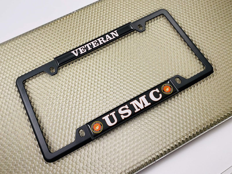 BestLicensePlateFrames [Officially Licensed US Marine Corps Product] - USMC Veteran - Domed Custom-Made Personalized Narrow (Thin) Top 4 Hole Metal Car License Plate Frame with Free caps - Black Frame (Qty: 1) - Image 3