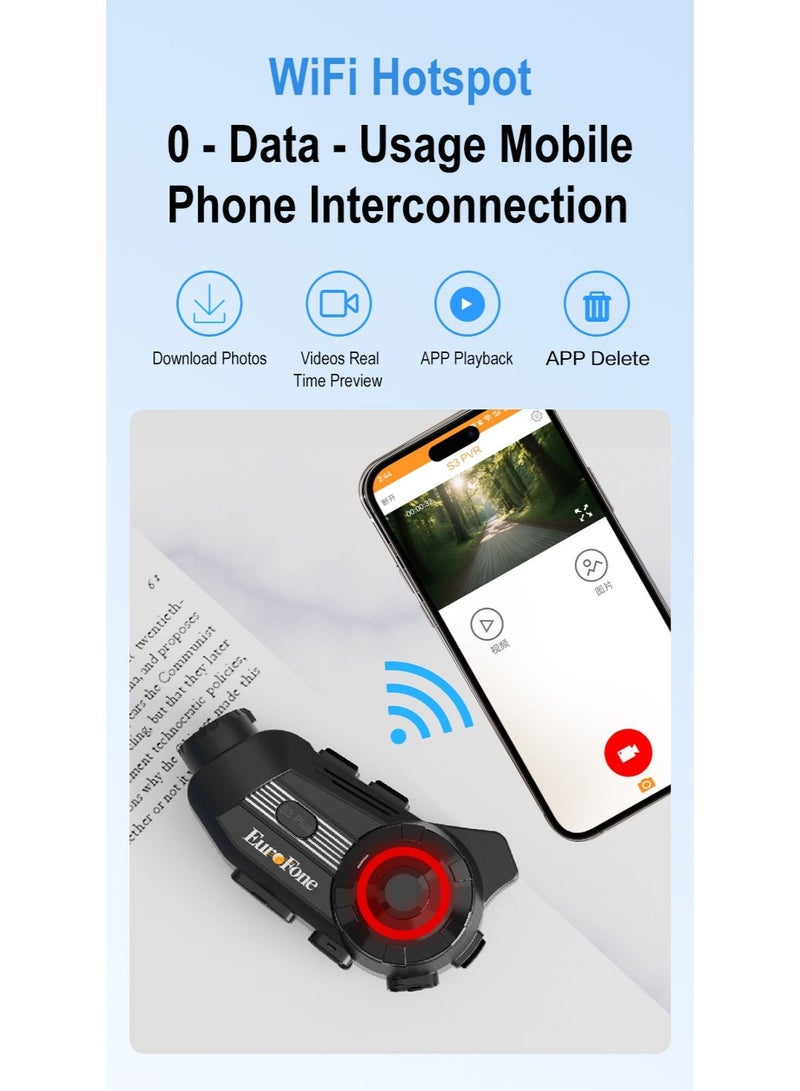 يوروفون سماعة رأس بلوتوث للدراجة النارية S3 Plus مزودة بجهاز تسجيل فيديو بدقة 2K، تدعم 6 أشخاص، بمدى اتصال داخلي من 500 إلى 2000 متر. - Image 5