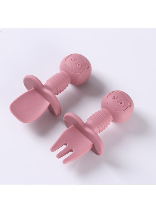 Food Grade Children's Wooden Handle Silicone Spoon Fork Tableware Baby Training Complementary Food Spoon Baby Feeding Spoon Fork-Specifications:Default-Color:Wine Red (full Silicone + Short Spoon + Short Fork) - Image 1