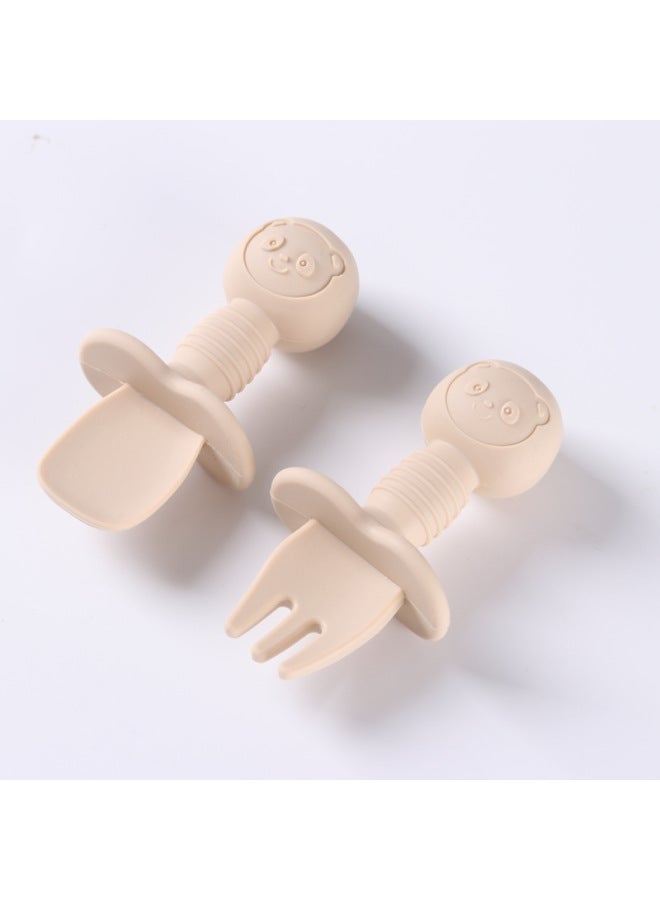 Food Grade Children's Wooden Handle Silicone Spoon Fork Tableware Baby Training Complementary Food Spoon Baby Feeding Spoon Fork-Specifications:Default-Color:Wine Red (full Silicone + Short Spoon + Short Fork) - Image 4