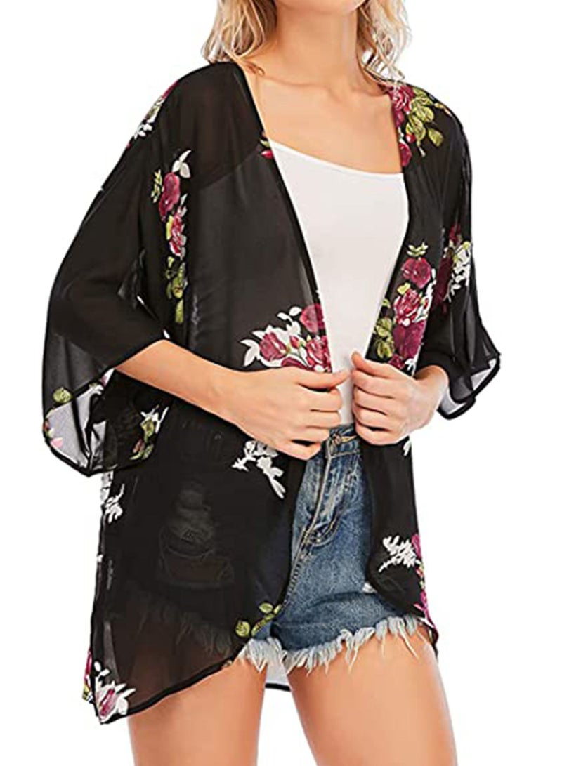 SYOSI Floral for Women Swimsuit Cover Ups, Open Front Summer Tops Cardigan Half Sleeve Sheer Shawls and Wraps work Dating Party Wedding Club in Spring and Fall Black - Image 2