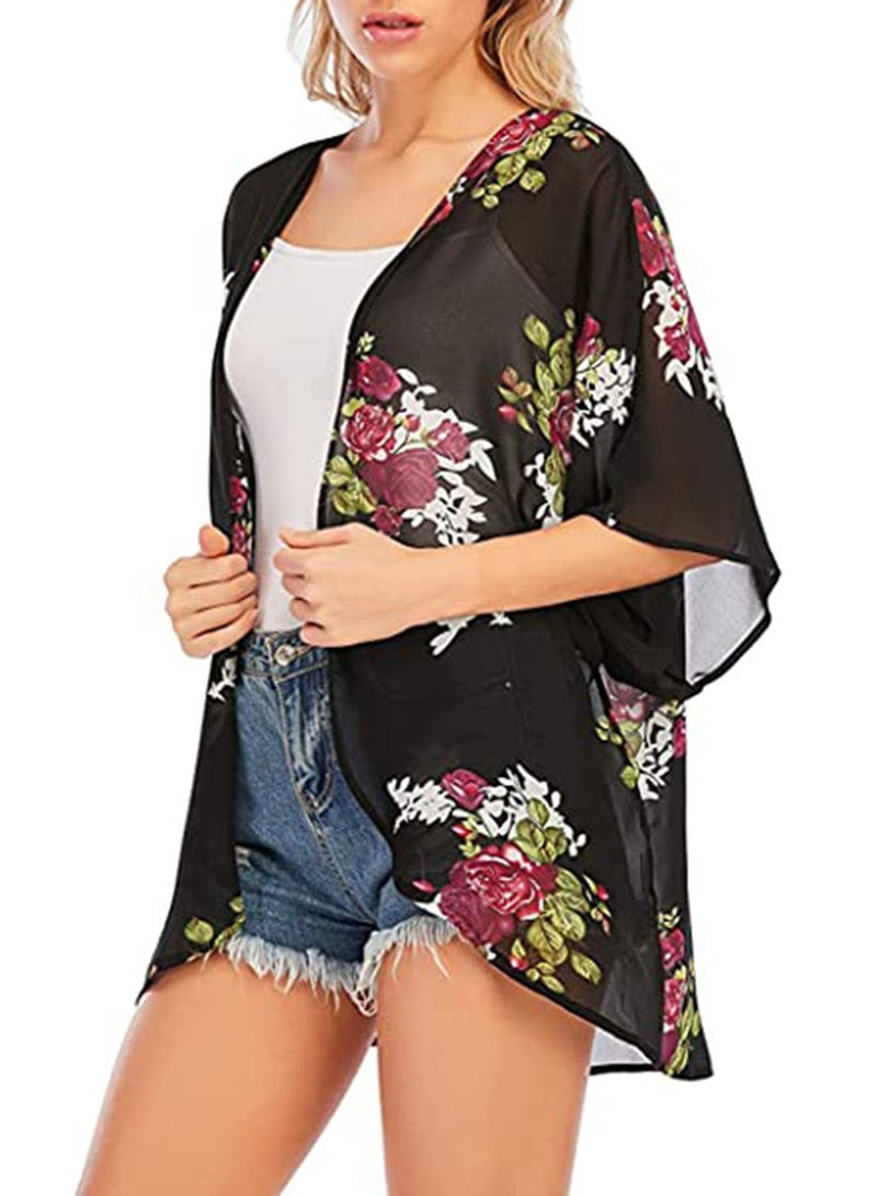 SYOSI Floral for Women Swimsuit Cover Ups, Open Front Summer Tops Cardigan Half Sleeve Sheer Shawls and Wraps work Dating Party Wedding Club in Spring and Fall Black - Image 4
