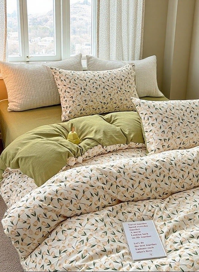 4-Piece Cotton Bedding Set 200×230cm – Beige flowers, Includes Duvet Cover, Sheet & Pillowcases  - Image 1