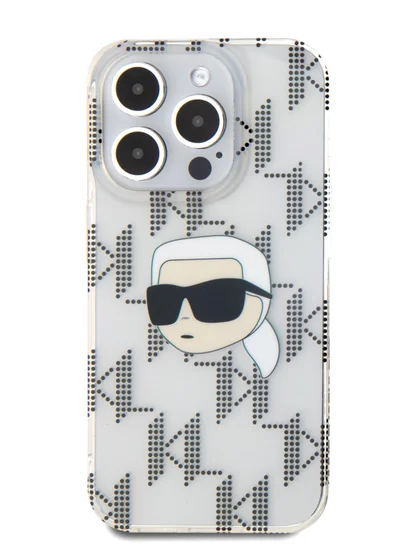 Karl Lagerfeld iPhone 16 Pro Max Case IML Hard Cover with Electroplated Karl Head & Monogram Design / Drop protection / Slim Profile / Easy Snap-On / Comfortable Grip-Transparent