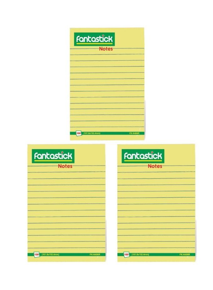 Fantastick 3-Piece Ruled Sticky Notes 4x6 Inch Size Yellow 101.6x152.4mm - Image 1