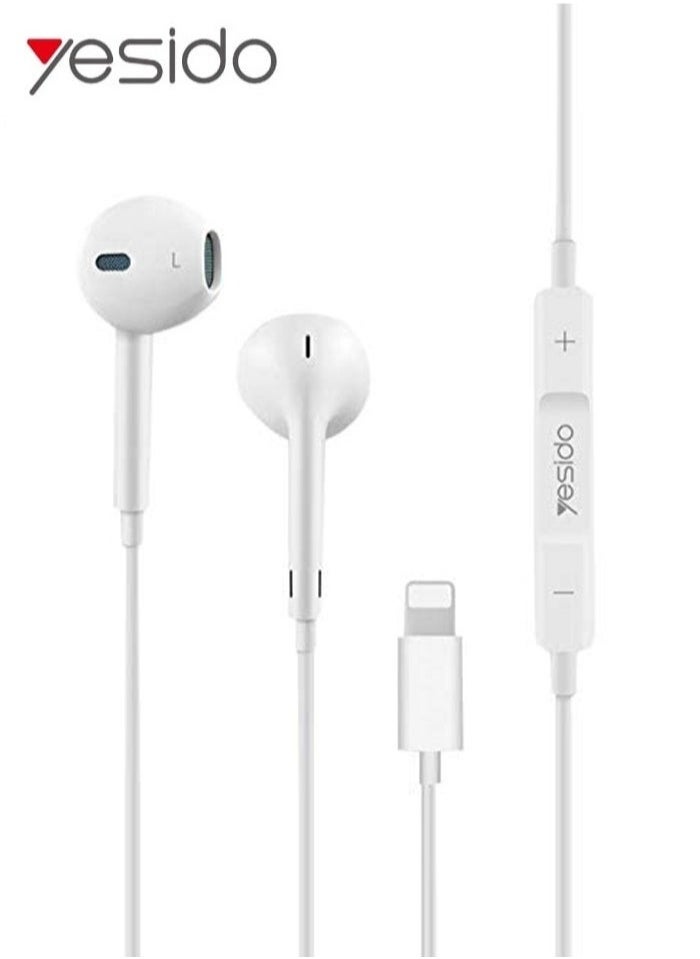 YH50 Lightning Jack Wired Earphones – Hands-Free Design with High Bass Sound, Crystal Clear Microphone, and Multi-Functional Inline Remote for Seamless Control – Sleek White Finish