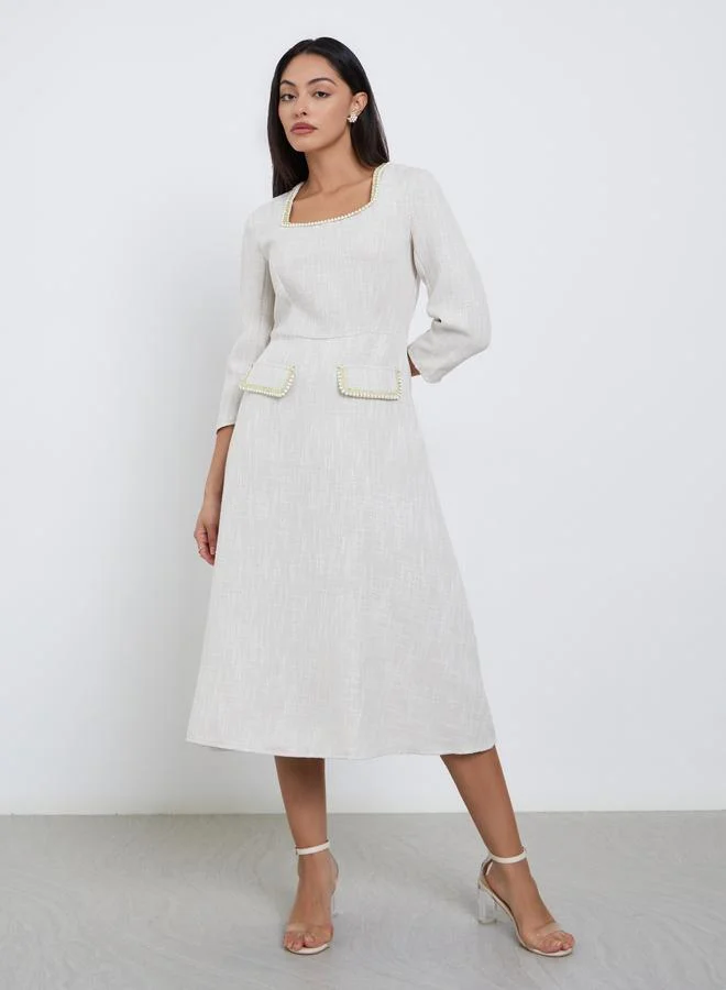 Styli Styli Off White Faux Pearl Detail Tweed Midi Dress